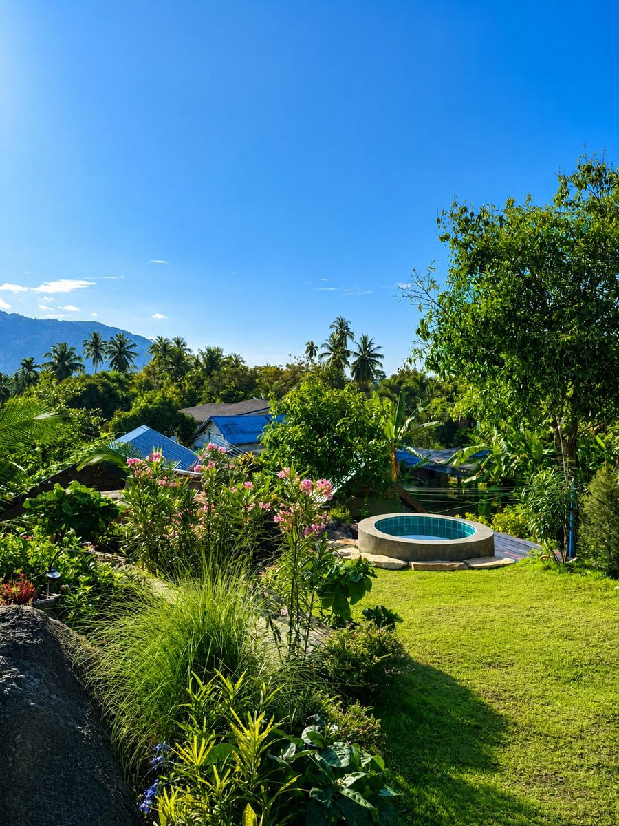 Garden with a small pool and the hills behind